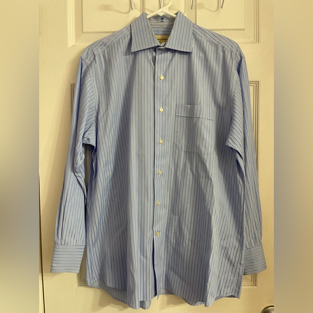 Tommy Bahama Shirt Men's 15 1/2 -32 / 33 Blue Striped Long Sleeve Spread Collar